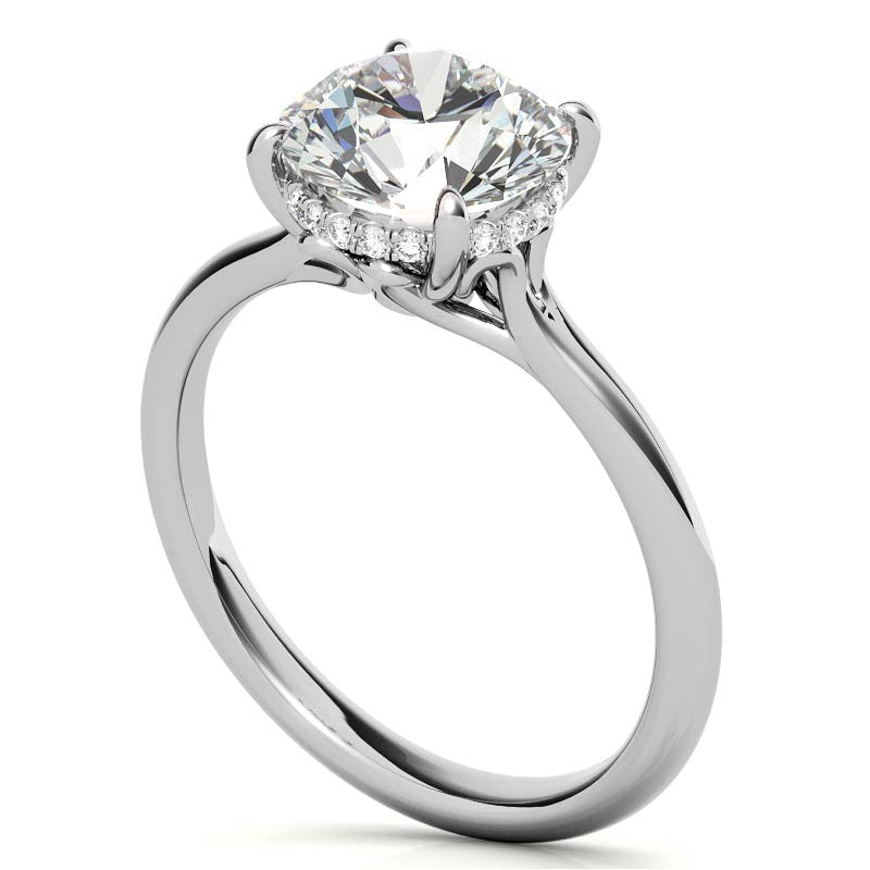 Round Scroll Accented Moissanite Engagement Ring with Hidden Halo