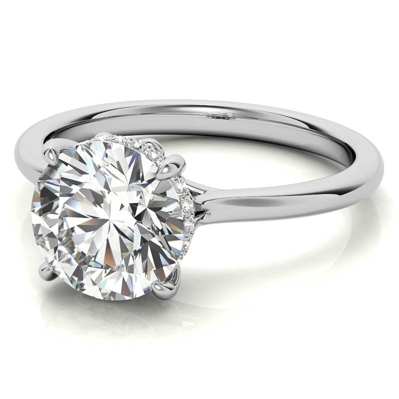 Round Scroll Accented Moissanite Engagement Ring with Hidden Halo