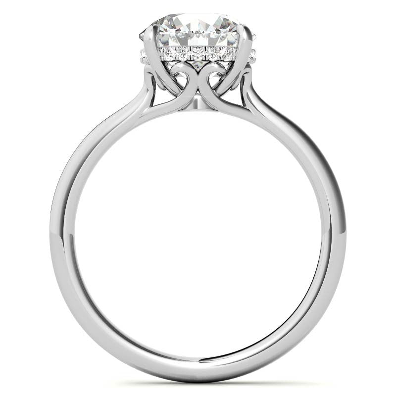 Round Scroll Accented Moissanite Engagement Ring with Hidden Halo