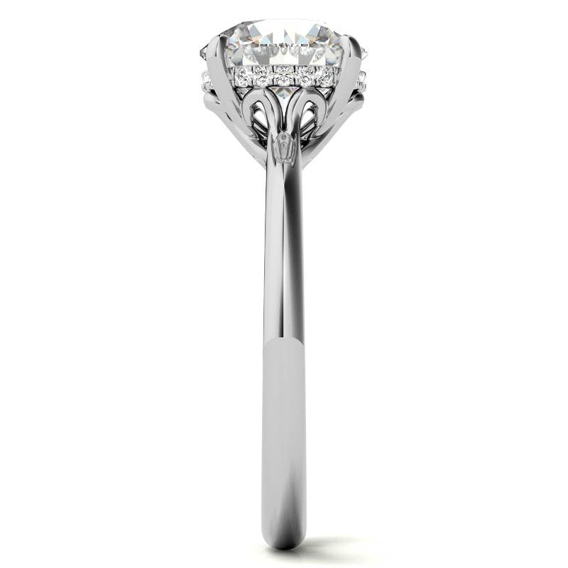 Round Scroll Accented Moissanite Engagement Ring with Hidden Halo