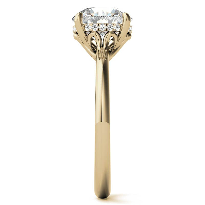 Round Scroll Accented Moissanite Engagement Ring with Hidden Halo