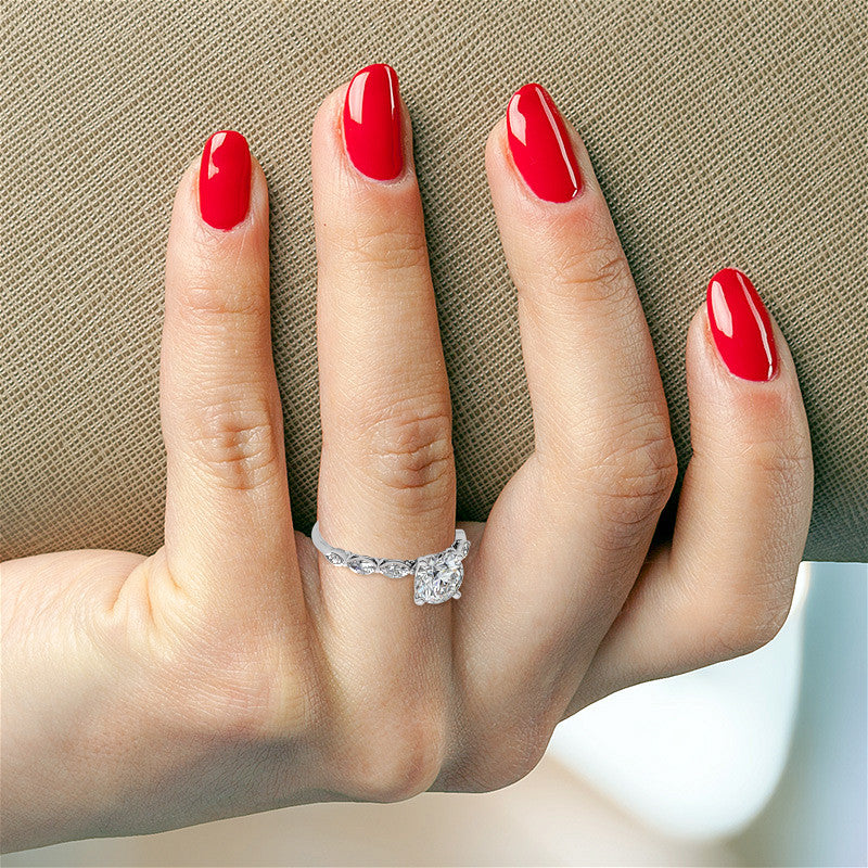 Single Shared Prong Marquise and Round Brilliant Moissanite Scroll Engagement Ring