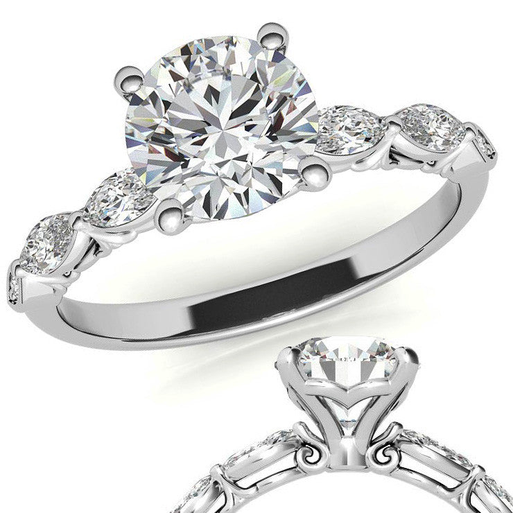 Single Shared Prong Marquise and Round Brilliant Moissanite Scroll Engagement Ring