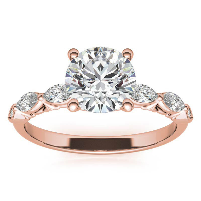 Single Shared Prong Marquise and Round Brilliant Moissanite Scroll Engagement Ring