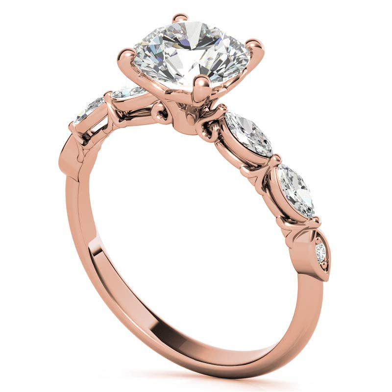 Single Shared Prong Marquise and Round Brilliant Moissanite Scroll Engagement Ring