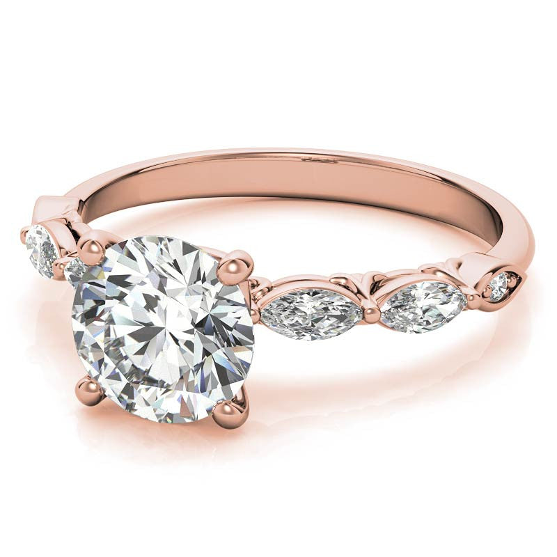 Single Shared Prong Marquise and Round Brilliant Moissanite Scroll Engagement Ring