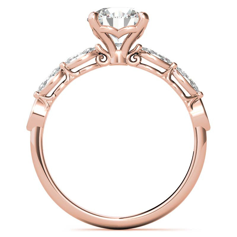Single Shared Prong Marquise and Round Brilliant Moissanite Scroll Engagement Ring