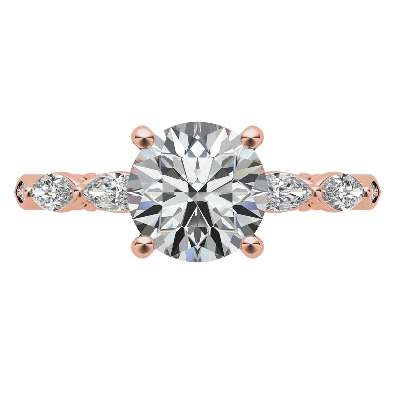 Single Shared Prong Marquise and Round Brilliant Moissanite Scroll Engagement Ring