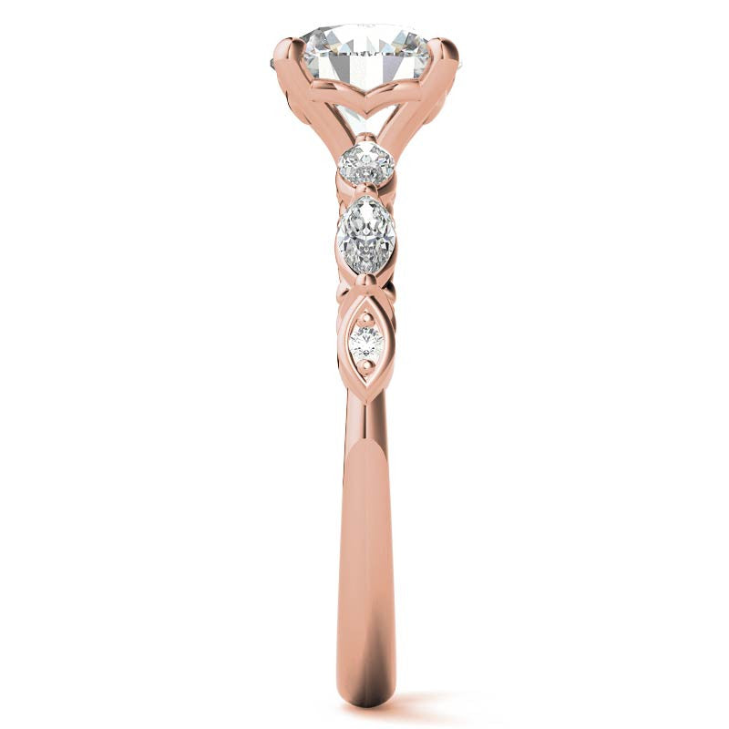 Single Shared Prong Marquise and Round Brilliant Moissanite Scroll Engagement Ring