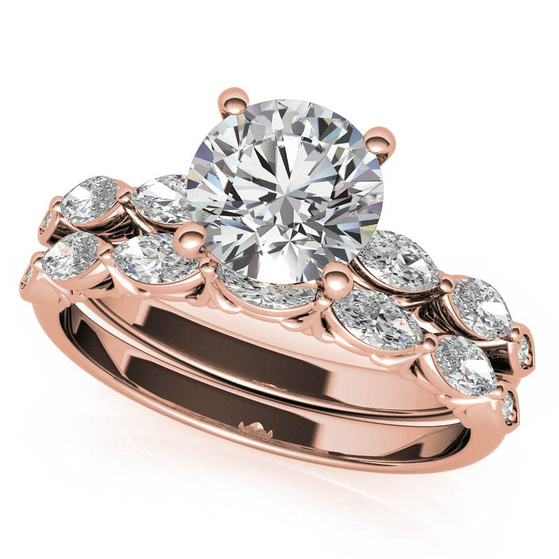 Single Shared Prong Marquise and Round Brilliant Moissanite Scroll Engagement Ring