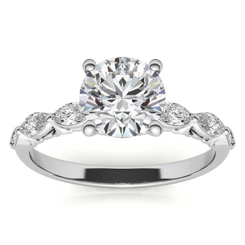 Single Shared Prong Marquise and Round Brilliant Moissanite Scroll Engagement Ring