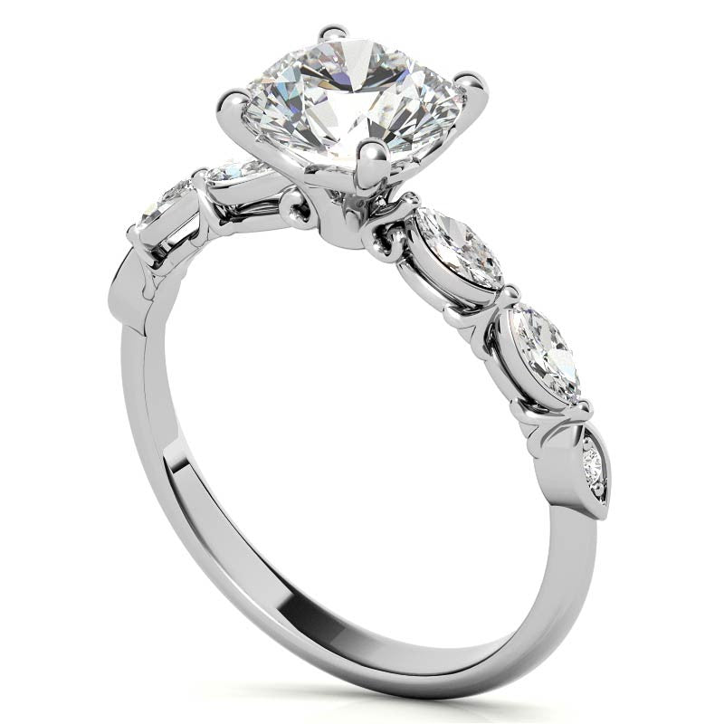 Single Shared Prong Marquise and Round Brilliant Moissanite Scroll Engagement Ring