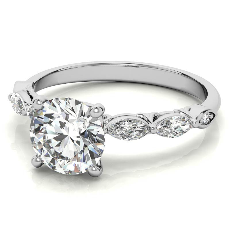 Single Shared Prong Marquise and Round Brilliant Moissanite Scroll Engagement Ring