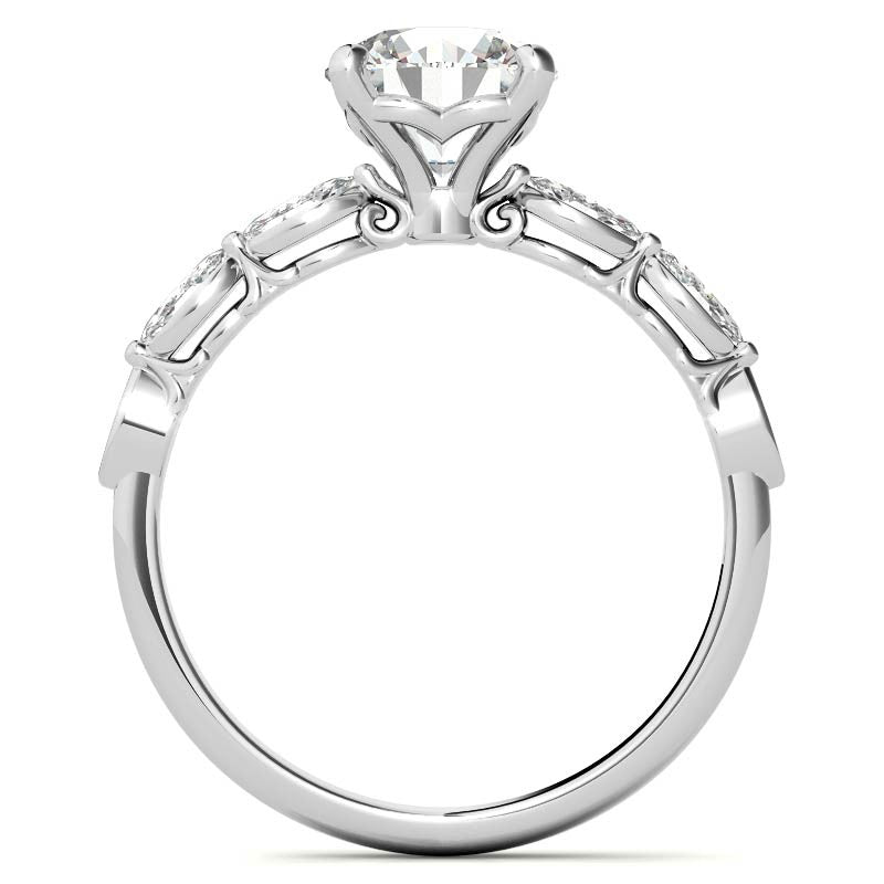 Single Shared Prong Marquise and Round Brilliant Moissanite Scroll Engagement Ring