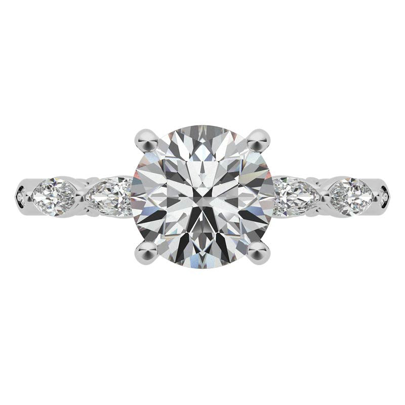 Single Shared Prong Marquise and Round Brilliant Moissanite Scroll Engagement Ring