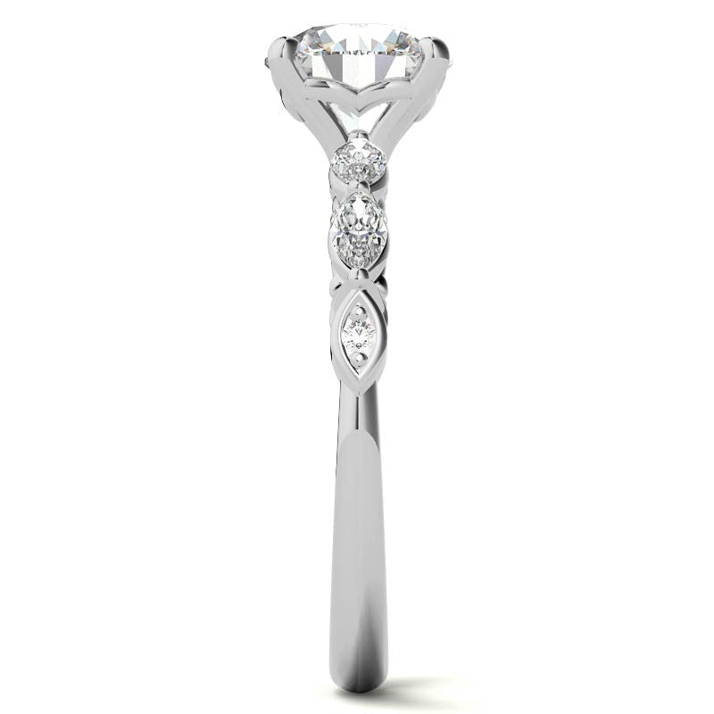 Single Shared Prong Marquise and Round Brilliant Moissanite Scroll Engagement Ring