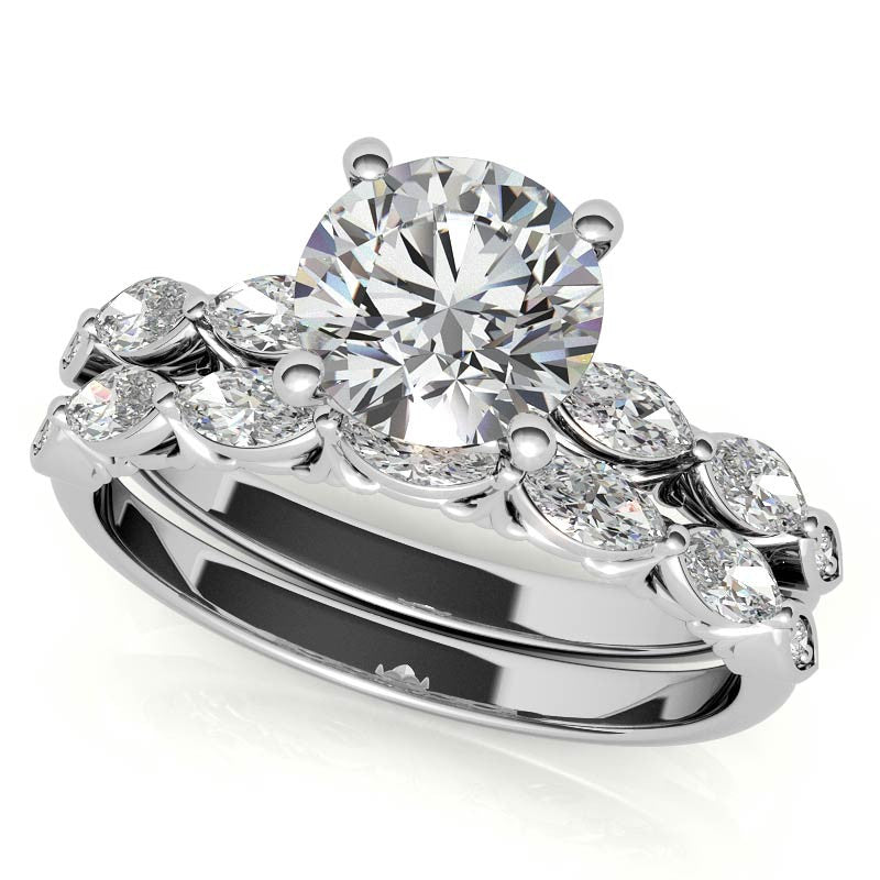 Single Shared Prong Marquise and Round Brilliant Moissanite Scroll Engagement Ring