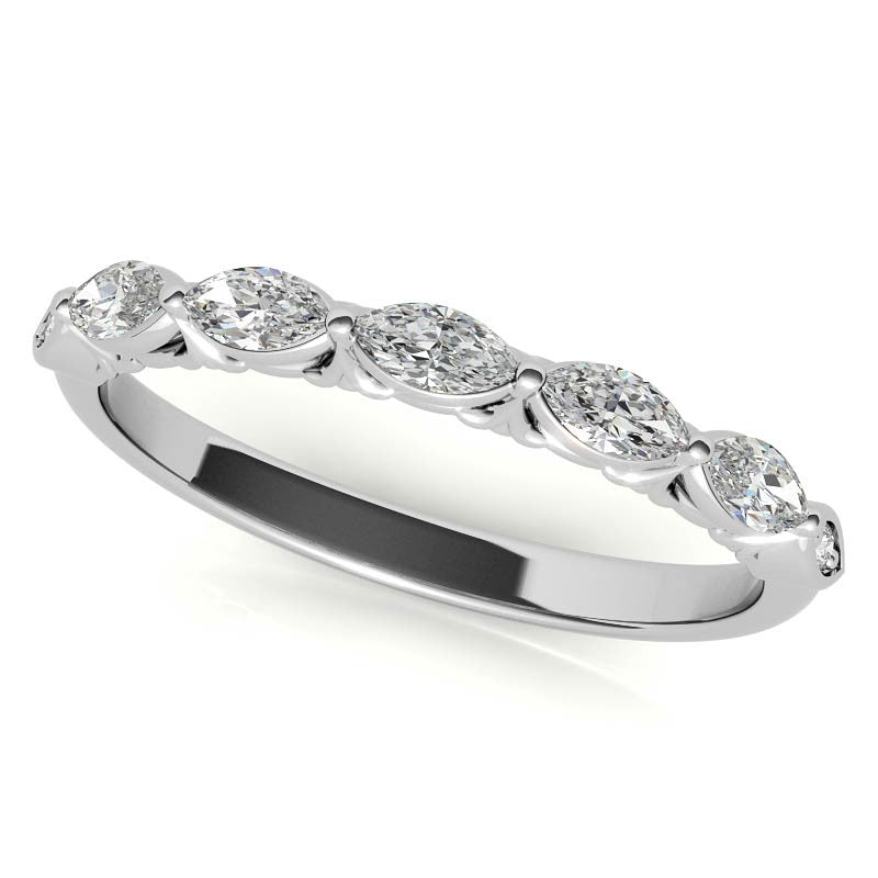 Single Shared Prong Marquise and Round Brilliant Moissanite Scroll Engagement Ring