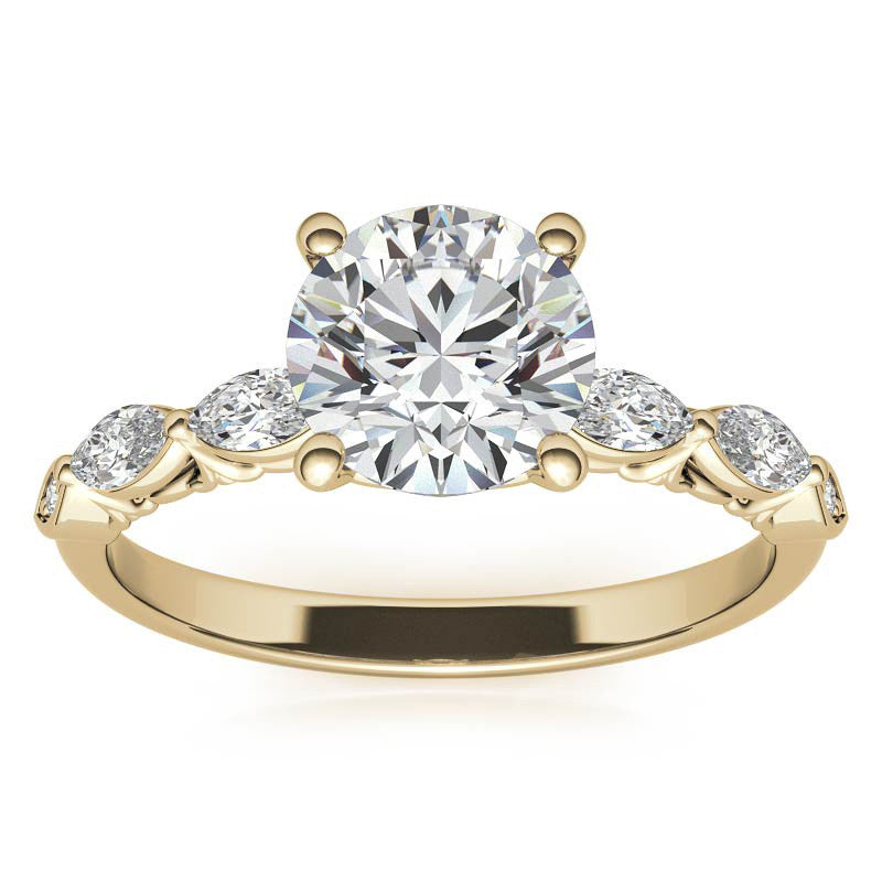 Single Shared Prong Marquise and Round Brilliant Moissanite Scroll Engagement Ring