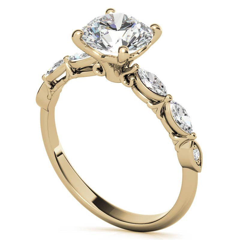 Single Shared Prong Marquise and Round Brilliant Moissanite Scroll Engagement Ring