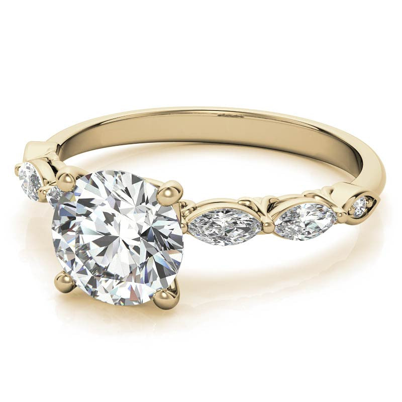 Single Shared Prong Marquise and Round Brilliant Moissanite Scroll Engagement Ring