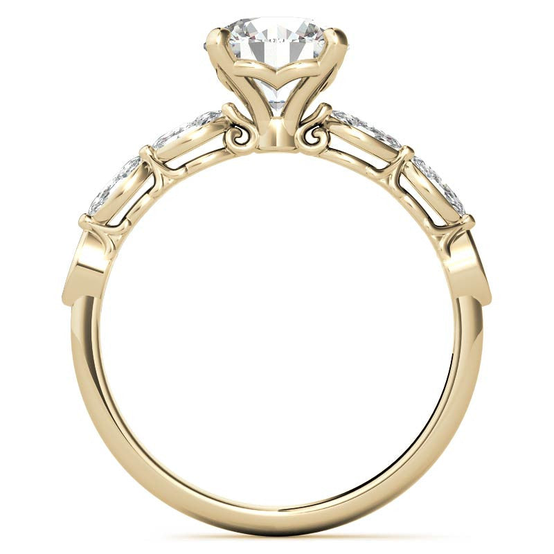 Single Shared Prong Marquise and Round Brilliant Moissanite Scroll Engagement Ring