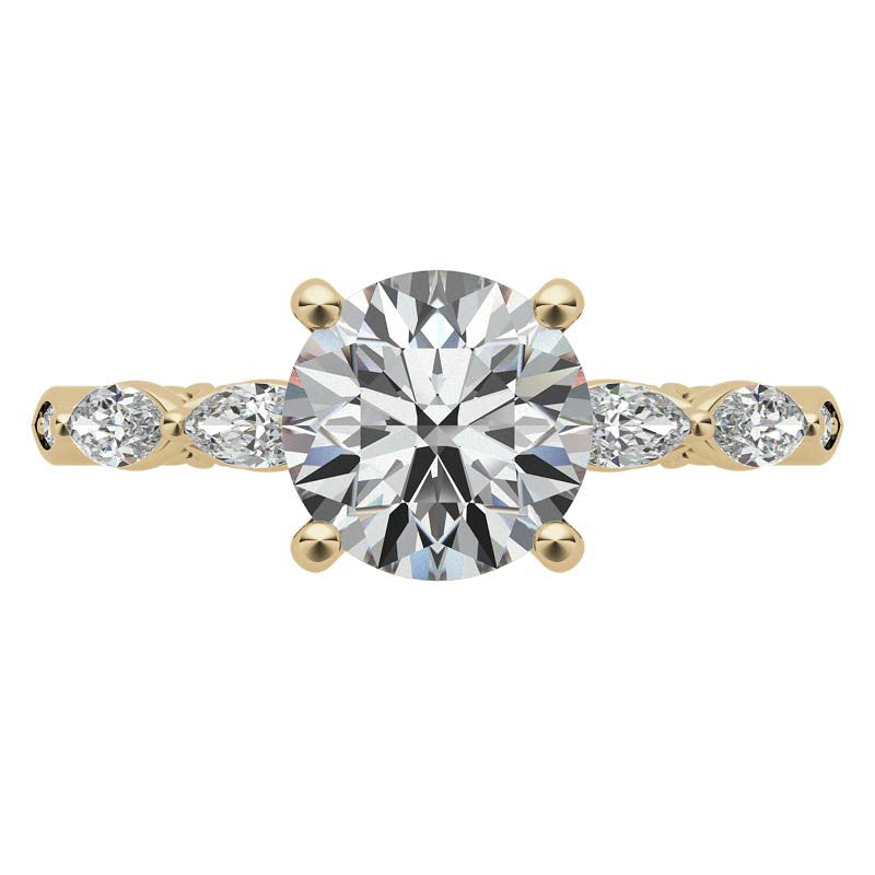 Single Shared Prong Marquise and Round Brilliant Moissanite Scroll Engagement Ring