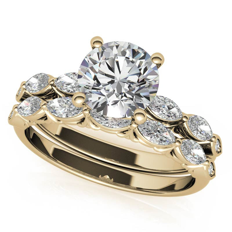 Single Shared Prong Marquise and Round Brilliant Moissanite Scroll Engagement Ring
