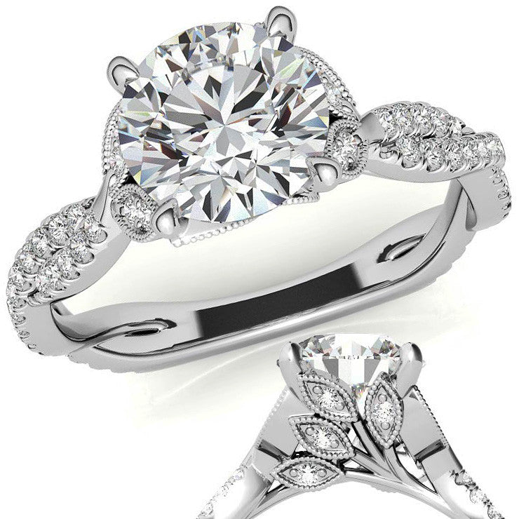 Leaf Accent Infinity Style Round Brilliant Moissanite Engagement Ring