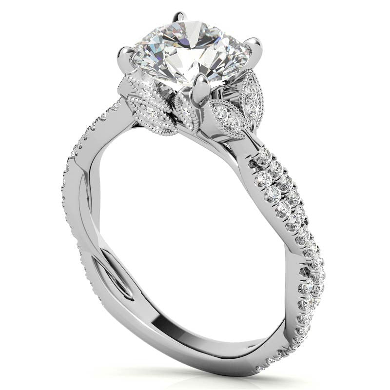 Leaf Accent Infinity Style Round Brilliant Moissanite Engagement Ring