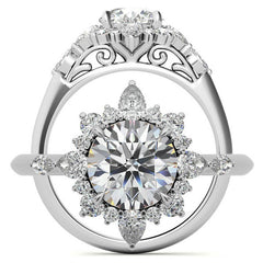 Round and Pear Shared Prong Halo Moissanite Engagement Ring