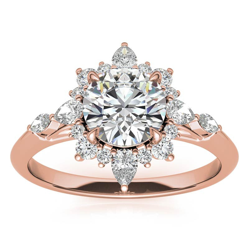 Round and Pear Shared Prong Halo Moissanite Engagement Ring