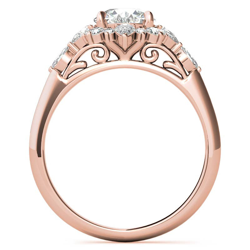 Round and Pear Shared Prong Halo Moissanite Engagement Ring