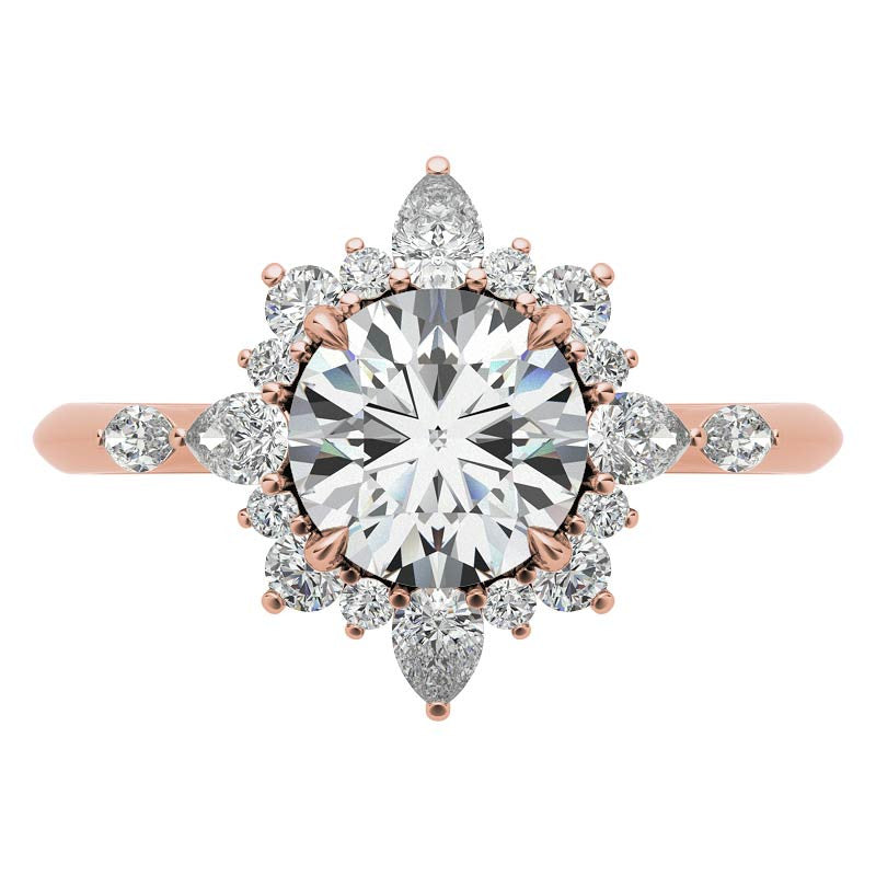 Round and Pear Shared Prong Halo Moissanite Engagement Ring
