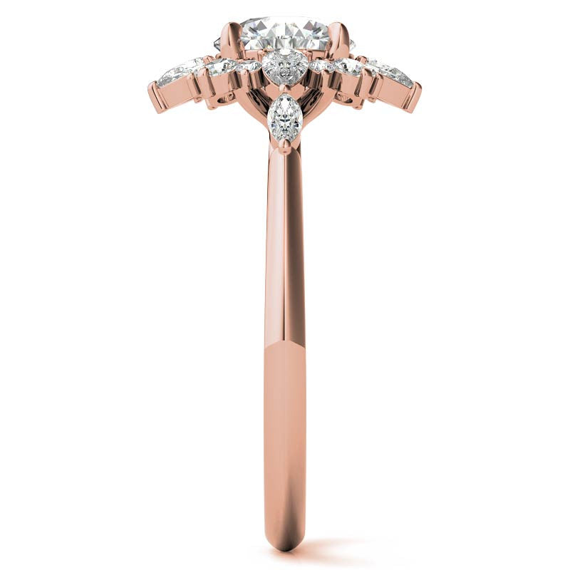 Round and Pear Shared Prong Halo Moissanite Engagement Ring