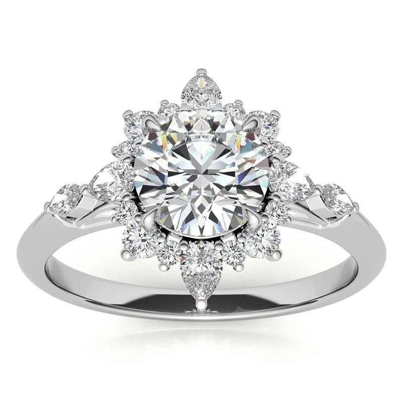 Round and Pear Shared Prong Halo Moissanite Engagement Ring