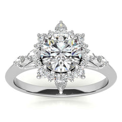Round and Pear Shared Prong Halo Moissanite Engagement Ring