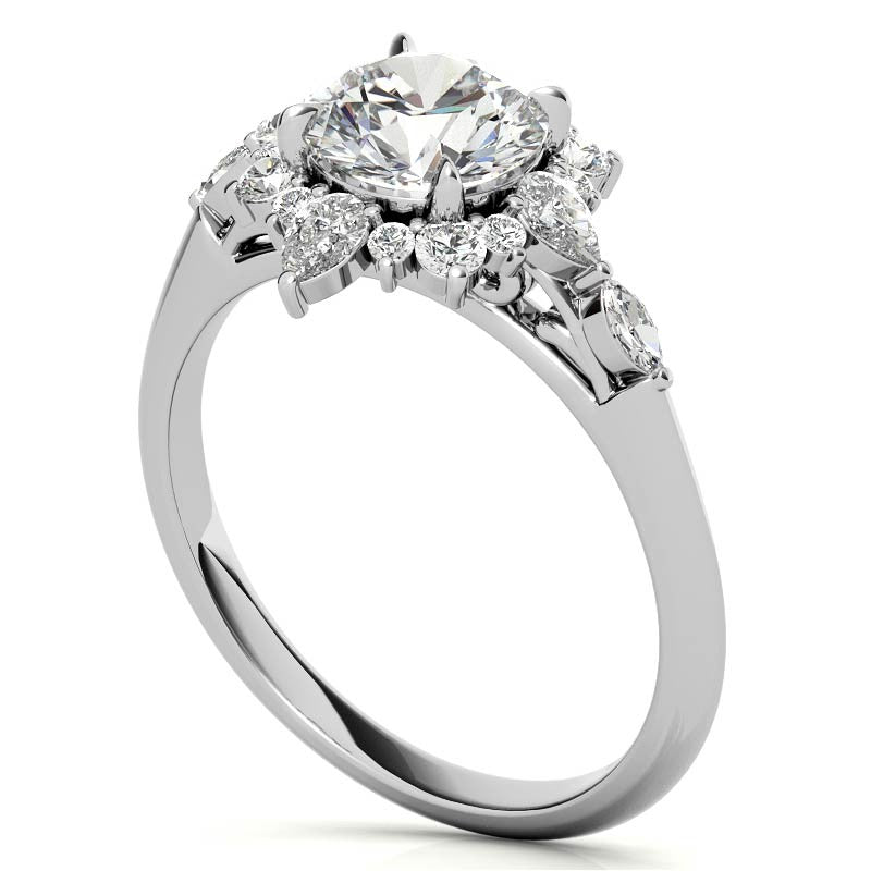 Round and Pear Shared Prong Halo Moissanite Engagement Ring