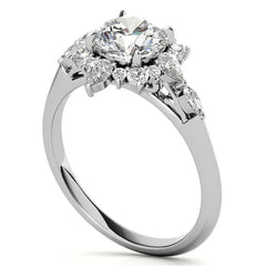 Round and Pear Shared Prong Halo Moissanite Engagement Ring