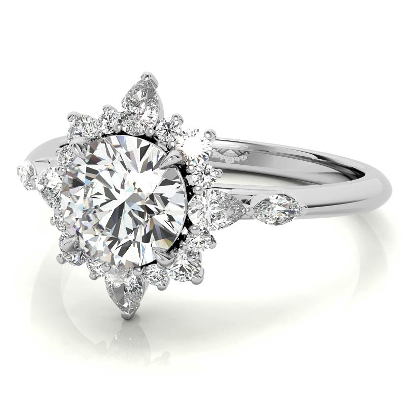 Round and Pear Shared Prong Halo Moissanite Engagement Ring