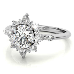 Round and Pear Shared Prong Halo Moissanite Engagement Ring