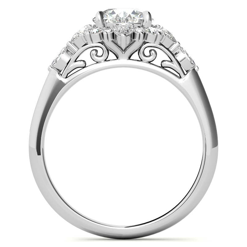 Round and Pear Shared Prong Halo Moissanite Engagement Ring