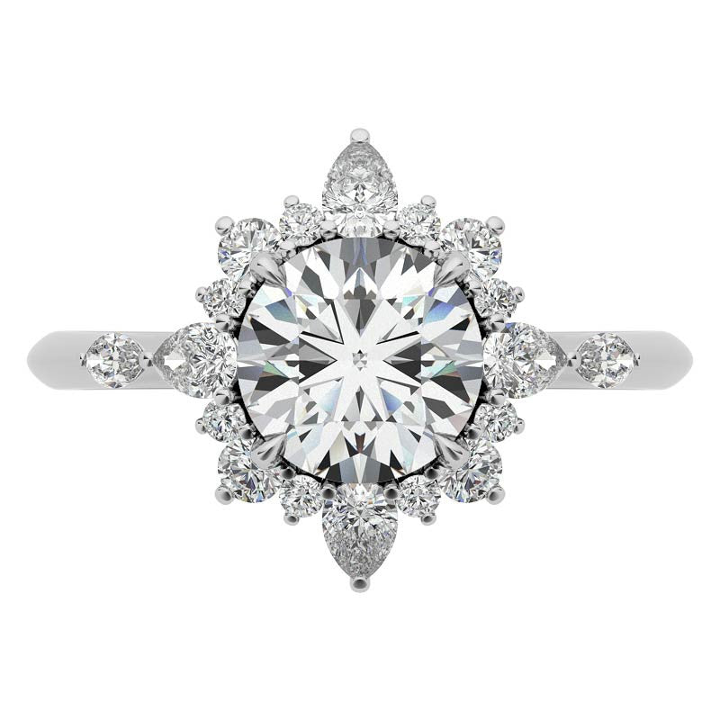 Round and Pear Shared Prong Halo Moissanite Engagement Ring