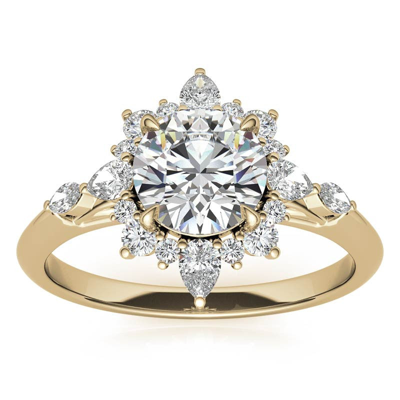 Round and Pear Shared Prong Halo Moissanite Engagement Ring
