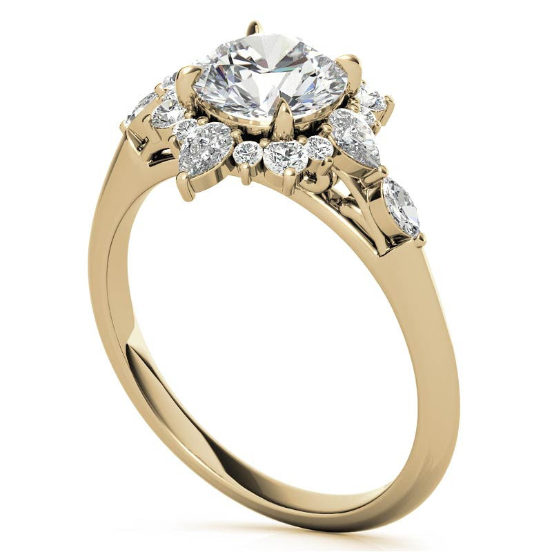 Round and Pear Shared Prong Halo Moissanite Engagement Ring