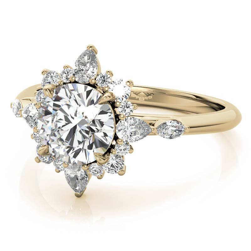 Round and Pear Shared Prong Halo Moissanite Engagement Ring