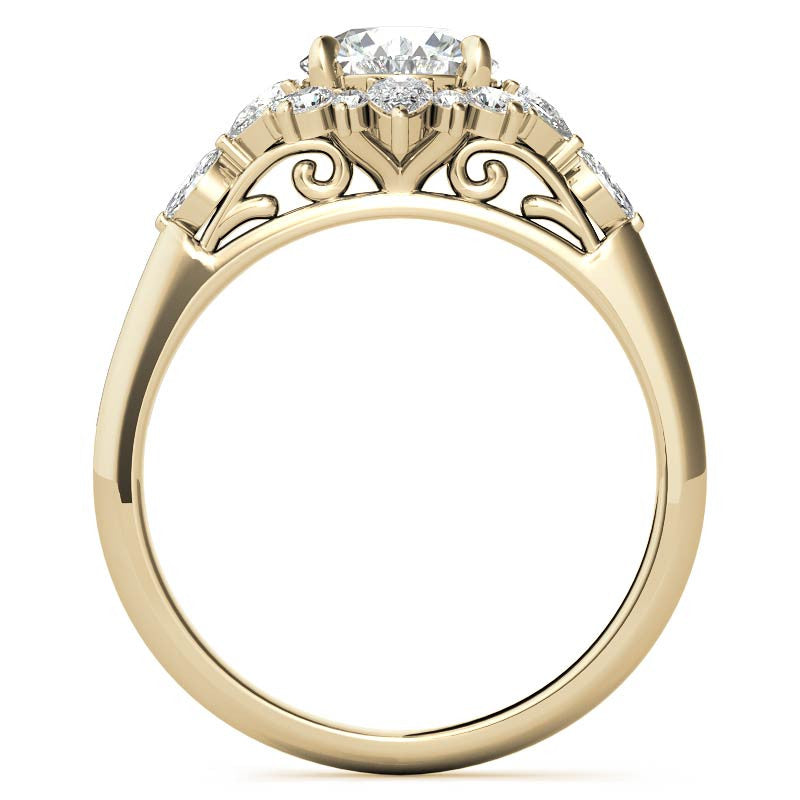 Round and Pear Shared Prong Halo Moissanite Engagement Ring