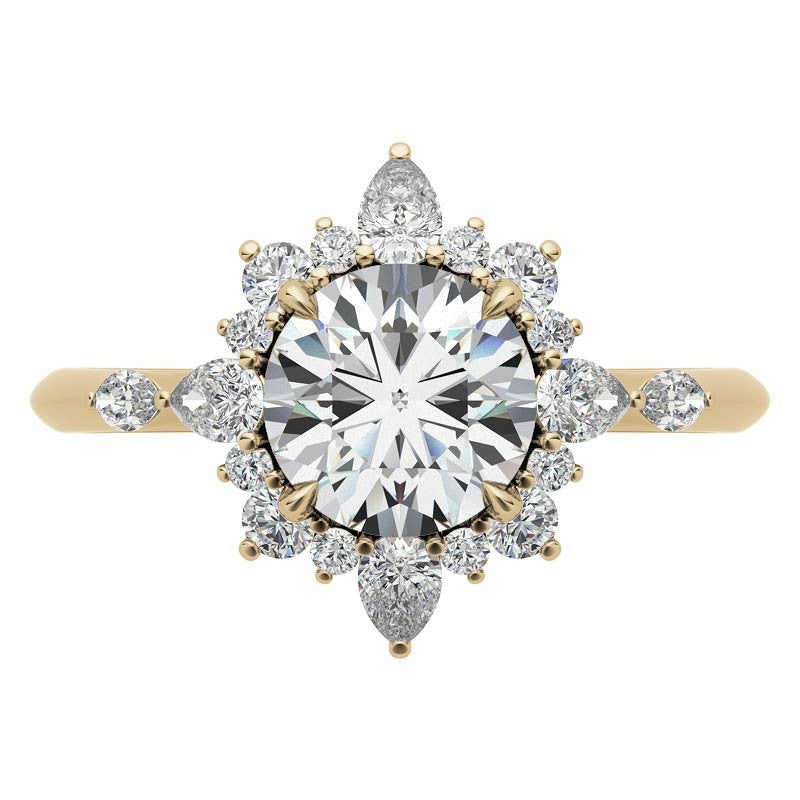 Round and Pear Shared Prong Halo Moissanite Engagement Ring