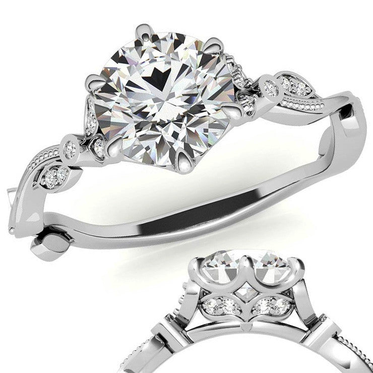 6-Prong Round Leaf Accent Moissanite Engagement Ring