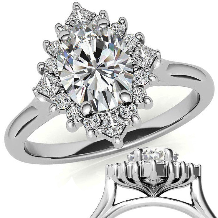 Round and Princess Halo Oval Moissanite Engagement Ring